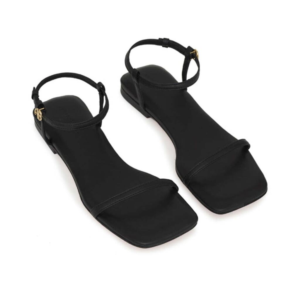 Anine Bing Invisible Flat Sandals Square Toe Black Leather Gold Logo Size 40